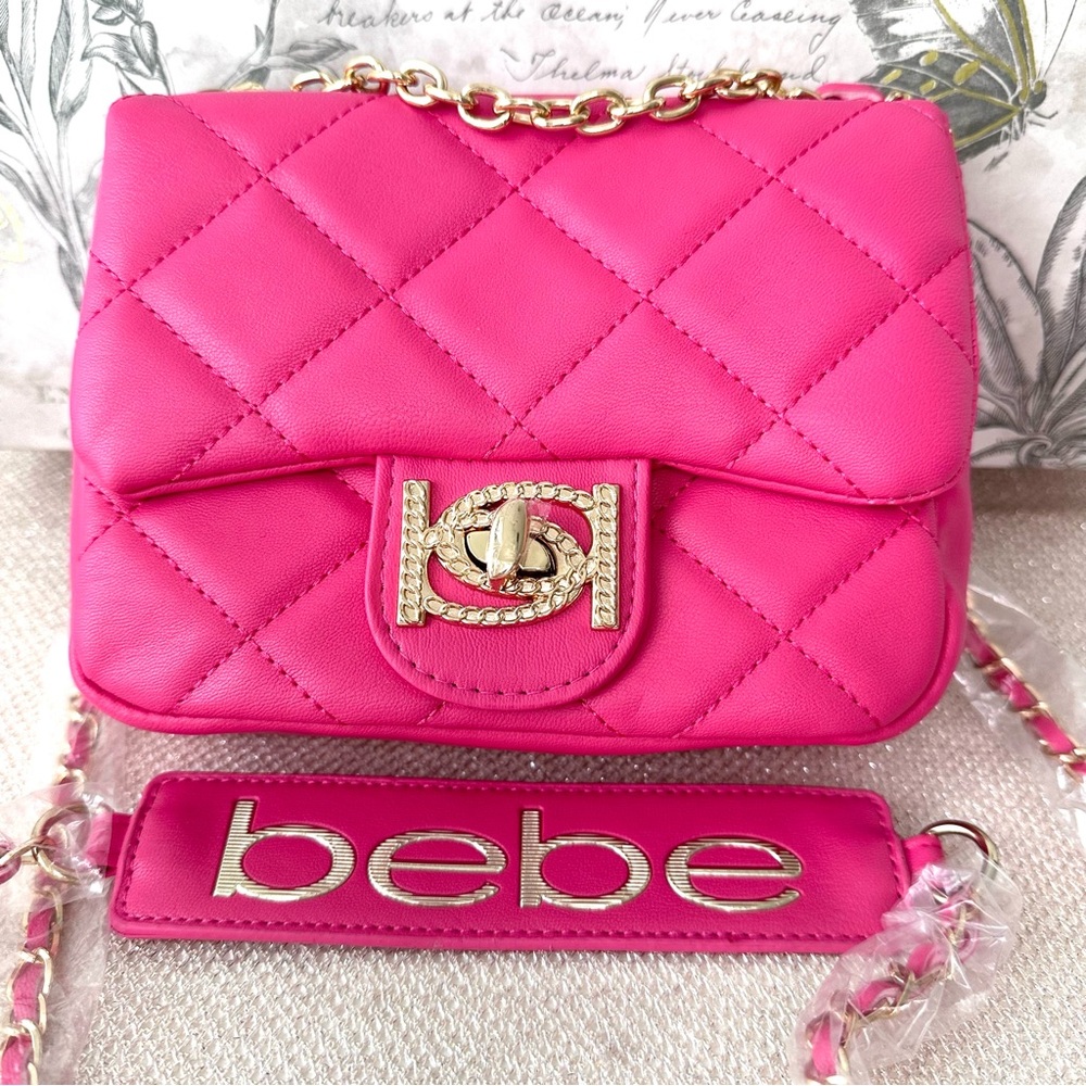 Bebe Wyatt Quilted Shoulder Bag Purse in Barbie Hot Pink with Gold Hardware